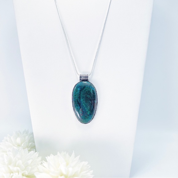 Large Chunky Chrysocolla Pendant Necklace Sterling Silver 925 Vintage Style New - Picture 2 of 7